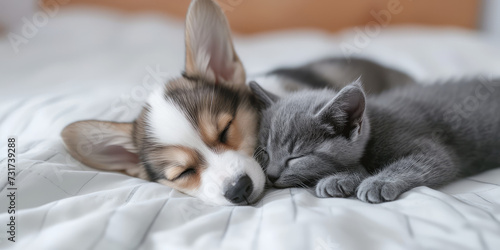 Corgi Puppy and Gray Kitten fritnds together Closeup. Cute dog and a baby cat cuddling on a white minimal room interior.