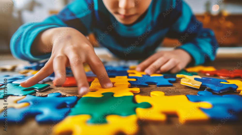 Close up of boy playing with colorful jigsaw puzzle Close up of boy playing with colorful jigsaw puzzle