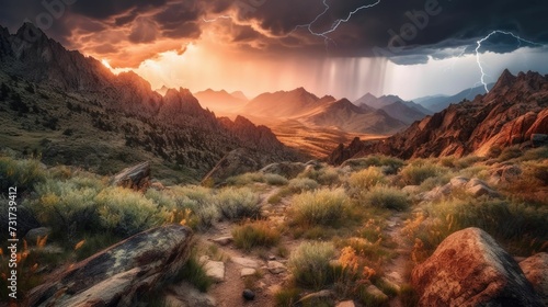 AI-generated illustration of a beautiful grassy valley at sunset with mountains and lightning. photo