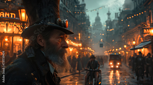 Steampunk Elegance: A Bearded Man Sporting a Top Hat and Monocle, Effortlessly Riding a Penny-Farthing Bicycle Through the Intricate Streets of a Steampunk City, Embodying the Fusion of Victorian.