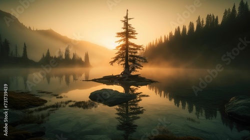 AI-generated illustration of a beautiful mountain landscape with a lake reflecting trees.