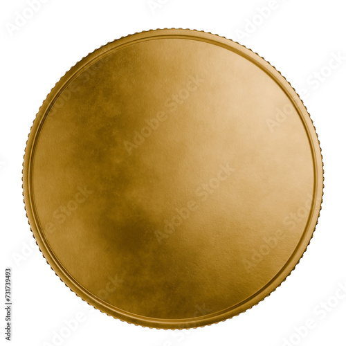 Donations. Coin for casino. Money, bank, loans. Blank template for gold coin or medal with metal texture. Currency. Medal, prize. Subscription. Blank gold coin on a transparent, white background.  photo