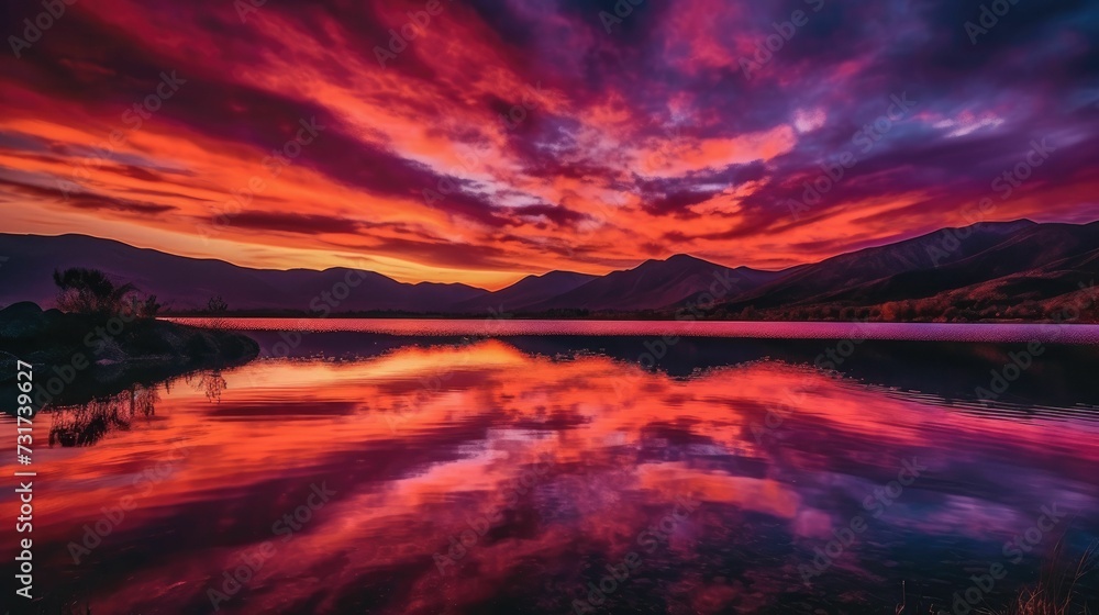 AI-generated illustration of a vibrant sunrise over a lake and mountains.