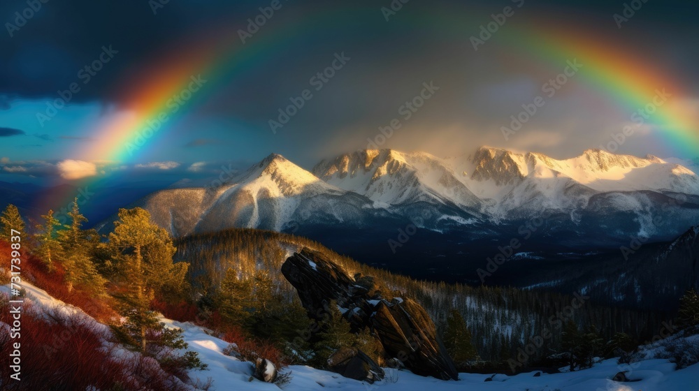 AI-generated illustration of a winter landscape featuring a rainbow arching over mountains.