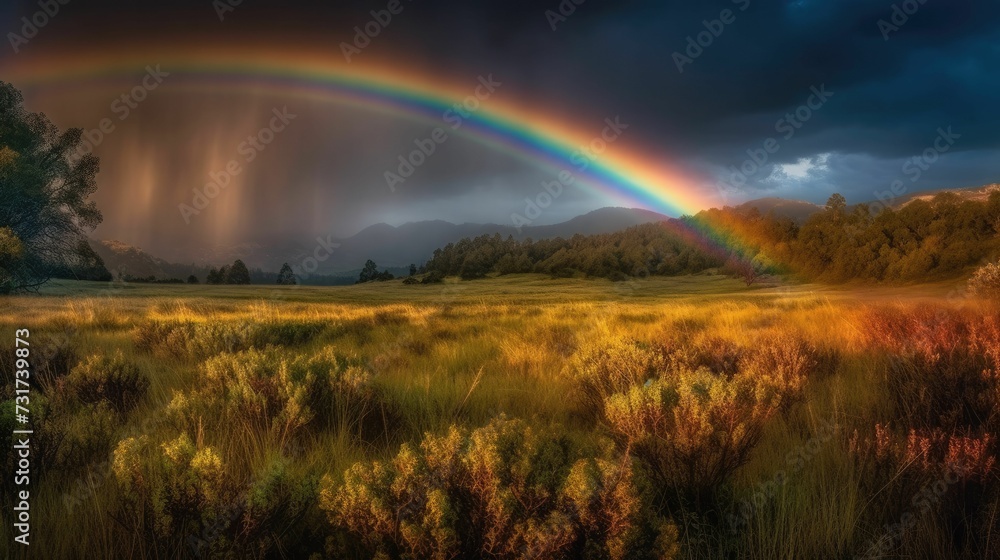 Naklejka premium AI-generated illustration of a vibrant rainbow arching over a lush, green meadow with trees.