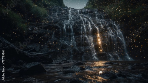 AI-generated illustration of a magical waterfall cascading down a cliff, surrounded by fireflies.