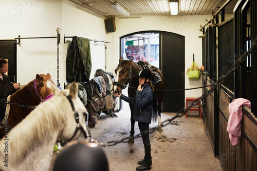 Girl in stables preparing horse for ride
