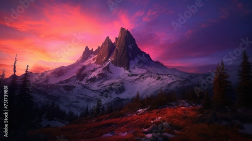 AI-generated illustration of a scenic winter landscape featuring a majestic mountain at sunset.