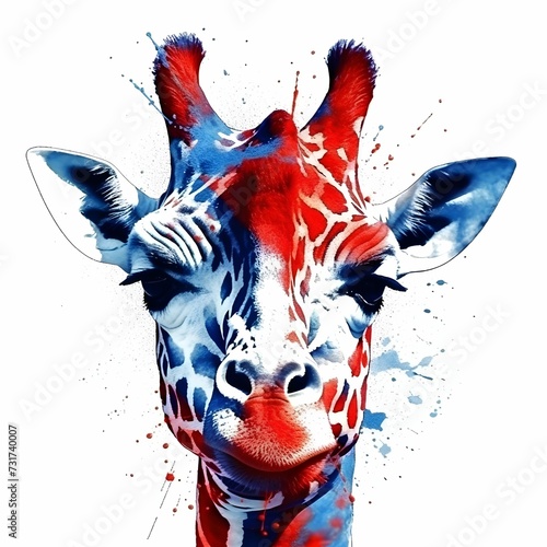 AI generated illustration of a vibrant watercolor painting of a giraffe in red and blue hues