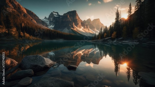 AI-generated illustration of a scenic mountain range and tranquil lake at sunset. © Wirestock