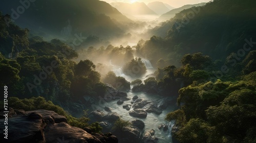 AI-generated illustration of a tranquil stream meanders through lush green woods.