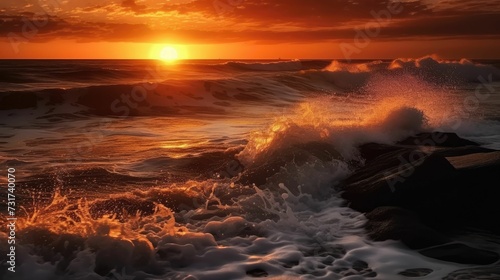 AI-generated illustration of waves crashing onto the shore, illuminated by golden sunrays. © Wirestock