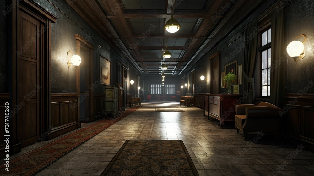 Interior of an illuminated hallway with old-fashioned furniture. AI-generated.