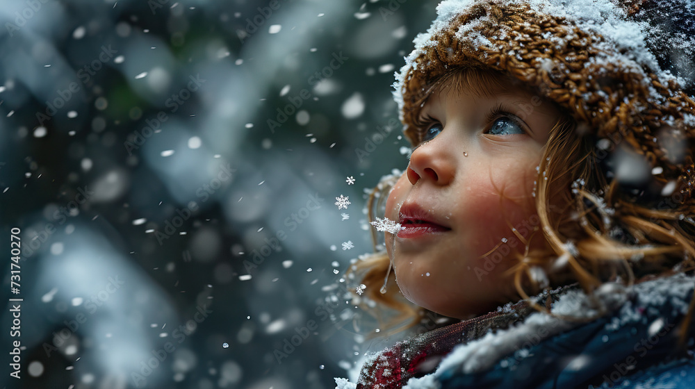Winter Wonderland Wonder: A Child's Face Lit Up with Awe and Wonder as They Experience Snow for the First Time, Catching Snowflakes on Their Tongue and Embracing the Magical Beauty of the Season