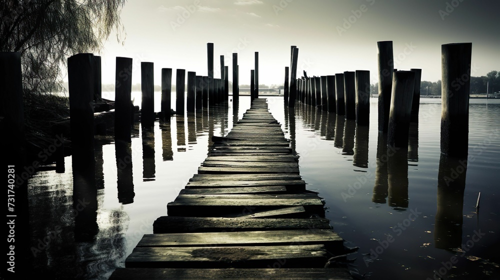 Fototapeta premium Old wooden dock on a tranquil body of water, extending out into the horizon. AI-generated.