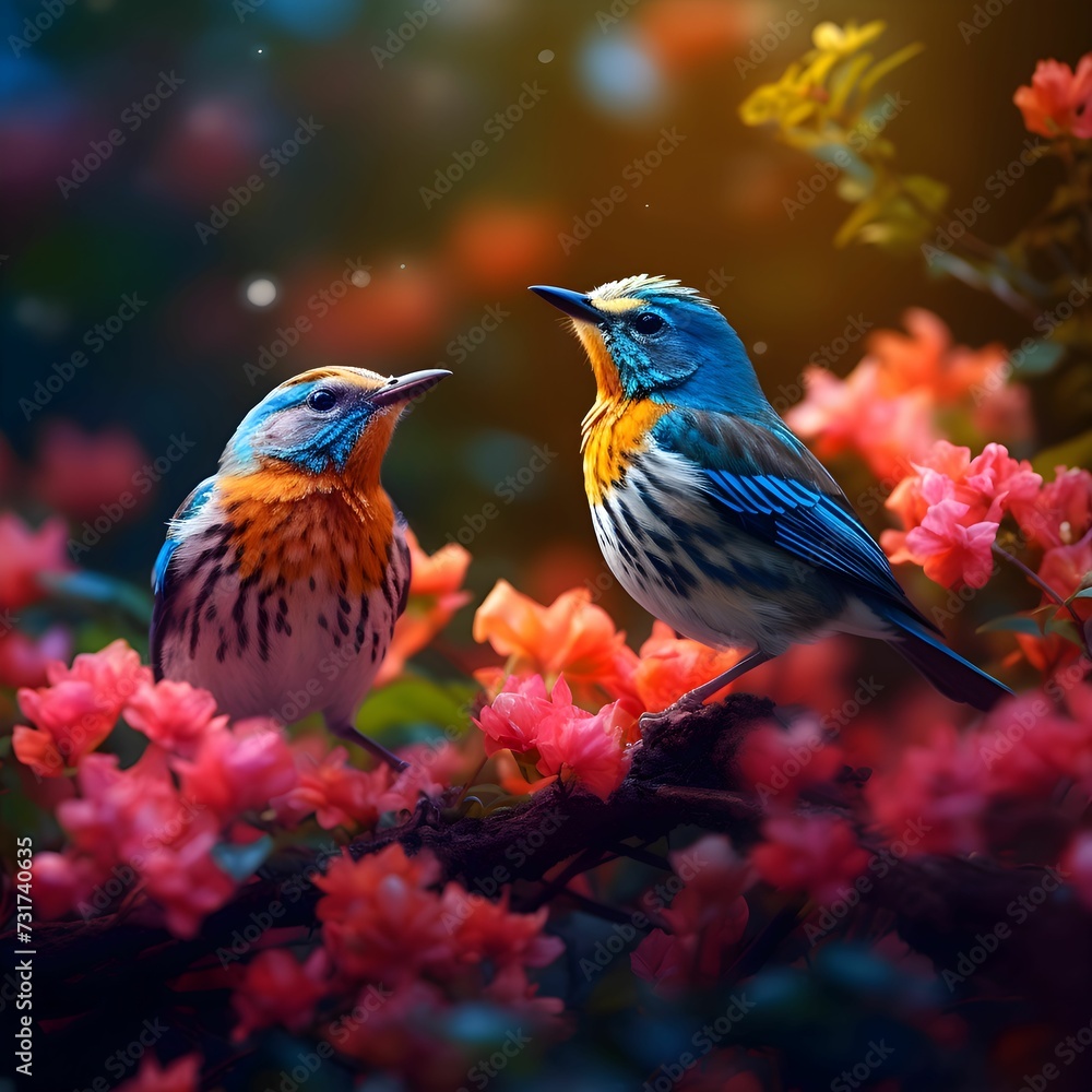 AI generated illustration of two adorable robins perched on a blossoming tree in a garden