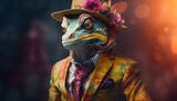 An AI generated illustration of a Chameleon artist in bohemian-style clothing.