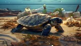 Sea turtle on the beach with plastic waste surrounding it. AI-generated.