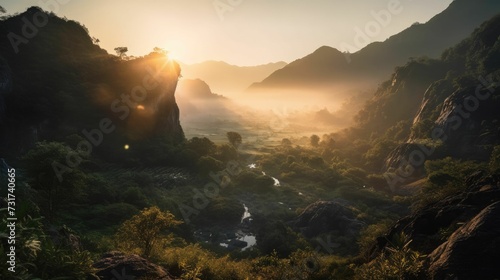 AI-generated illustration of a beautiful valley and mountains at sunset. © Wirestock