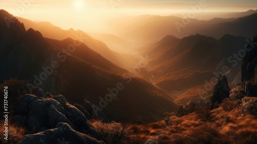 AI-generated illustration of a mountain range at sunset, with the sun setting in the distance.