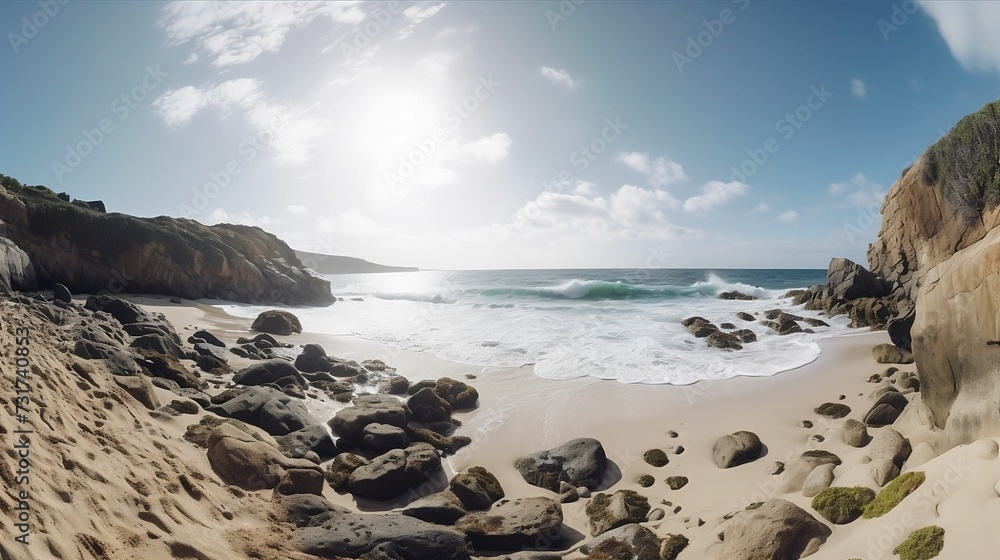 Obraz premium AI generated illustration of a beach with a sandy shore with rocks scattered