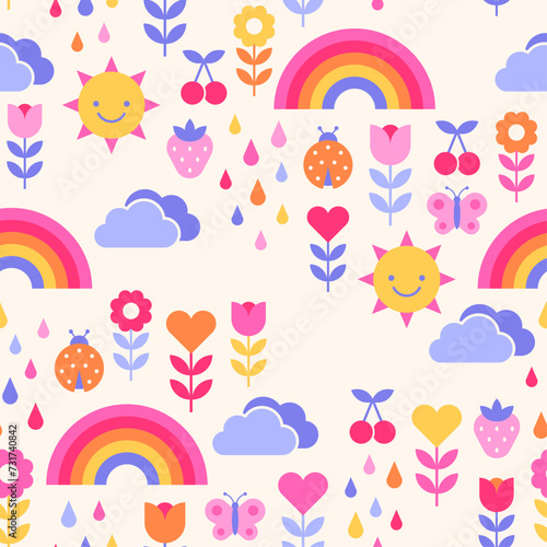 Cute geometric nature icon seamless pattern design background.