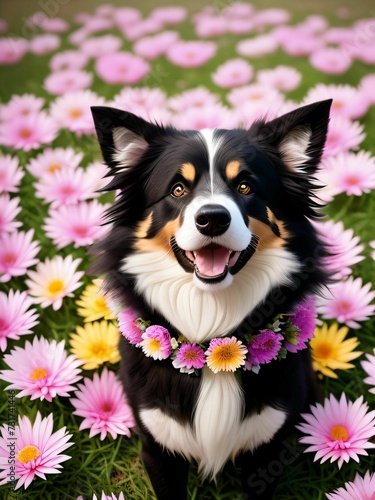 AI generated illustration of an adorable dog with a beautiful floral collar on a field