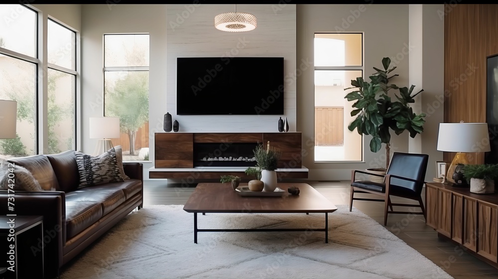 Stylish living room with a comfortable couch, a modern table, and a large TV set. AI-generated. Stylish living room with a comfortable couch, a modern table, and a large TV set. AI-generated.