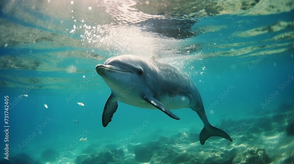 Fototapeta premium AI generated illustration of a dolphin swimming underwater in its natural habitat