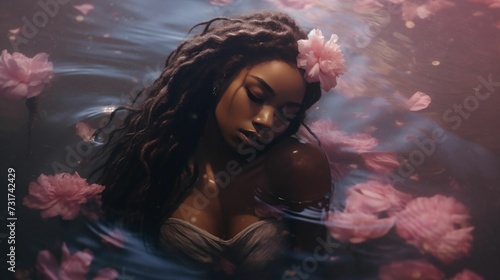 Gorgeous African woman in a body of water, with flowers in her hair, AI-generated.