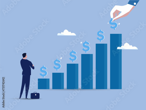 Investment dividends growth, increase profit and earning, passive income from stock market return, capital gain concept, saving interest rate, businessman put dollar sign on financial growth chart.