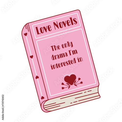 Romance books reading. Concept of love story, romance novel, literary genre with pink and red hearts. Study and learn symbol Love reading logo. Isolated hand drawn vector illustration