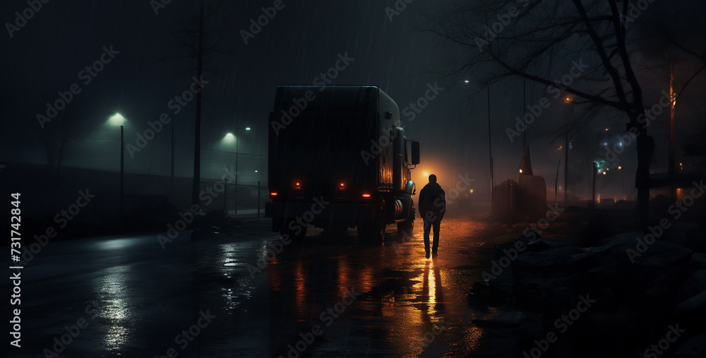 night traffic in the city, a antonym scary looking man is Watching a modern truck