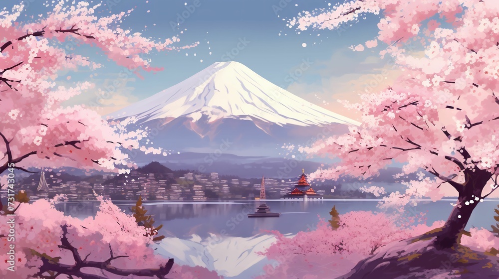 AI generated illustration of a painting of Mount Fuji surrounded by cherry blossoms