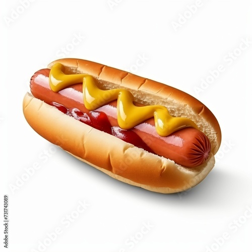 AI generated illustration of a delicious hot dog with mustard and ketchup on a white background