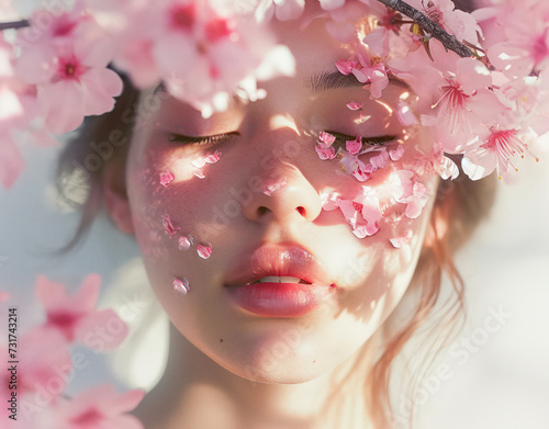Floral Beauty: Young Woman with Pink Blossom in a Garden