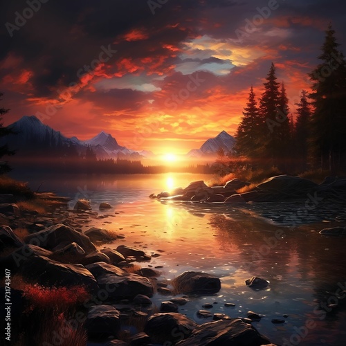 AI-generated illustration of the sun setting over a mountainous lake in a forest