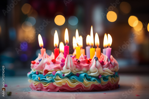 A colorful birthday cake decorated with burning candles and lots of frosting. Fun holiday dessert at a teenager party. AI-generated