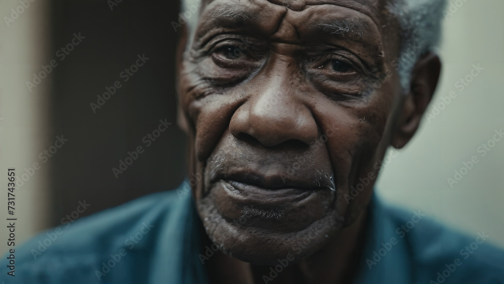 close up portrait of a elderly black man with a blue shirt and a white hair