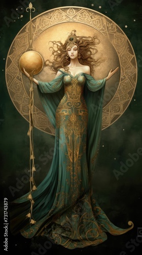 AI generated illustration of a female Celtic Moon Goddess in a long dress with golden details