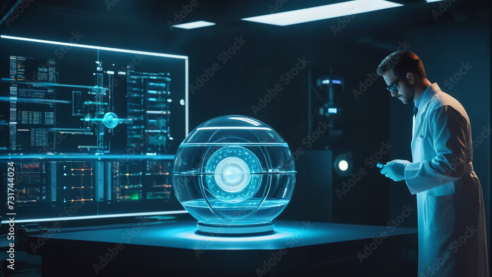 man in lab coat looking at a futuristic object man in lab coat looking at a futuristic object