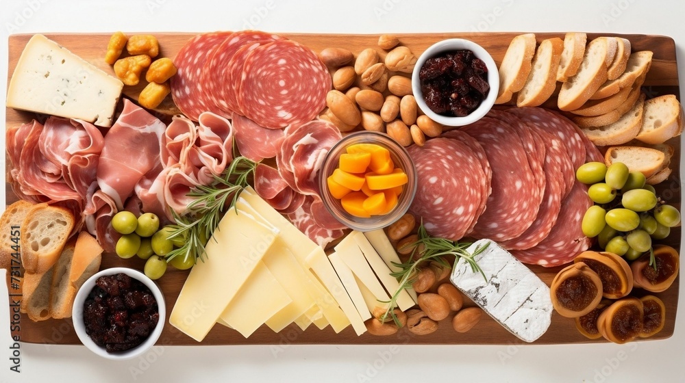 Wooden tray with an arrangement of various snacks of cheese and salami, AI-generated.