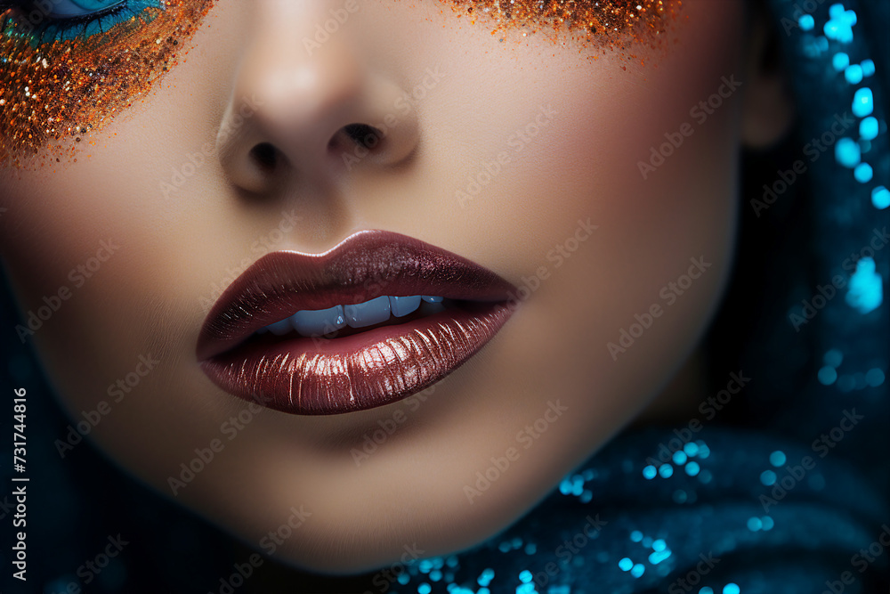 Generative AI close up photo picture of charming lovely girl with bright visage advertising palette eyeshadows - obrazy, fototapety, plakaty 