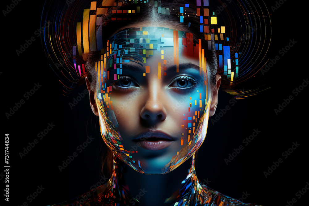 AI generated picture of beautiful female face with a bright neon colors filter isolated in dark background