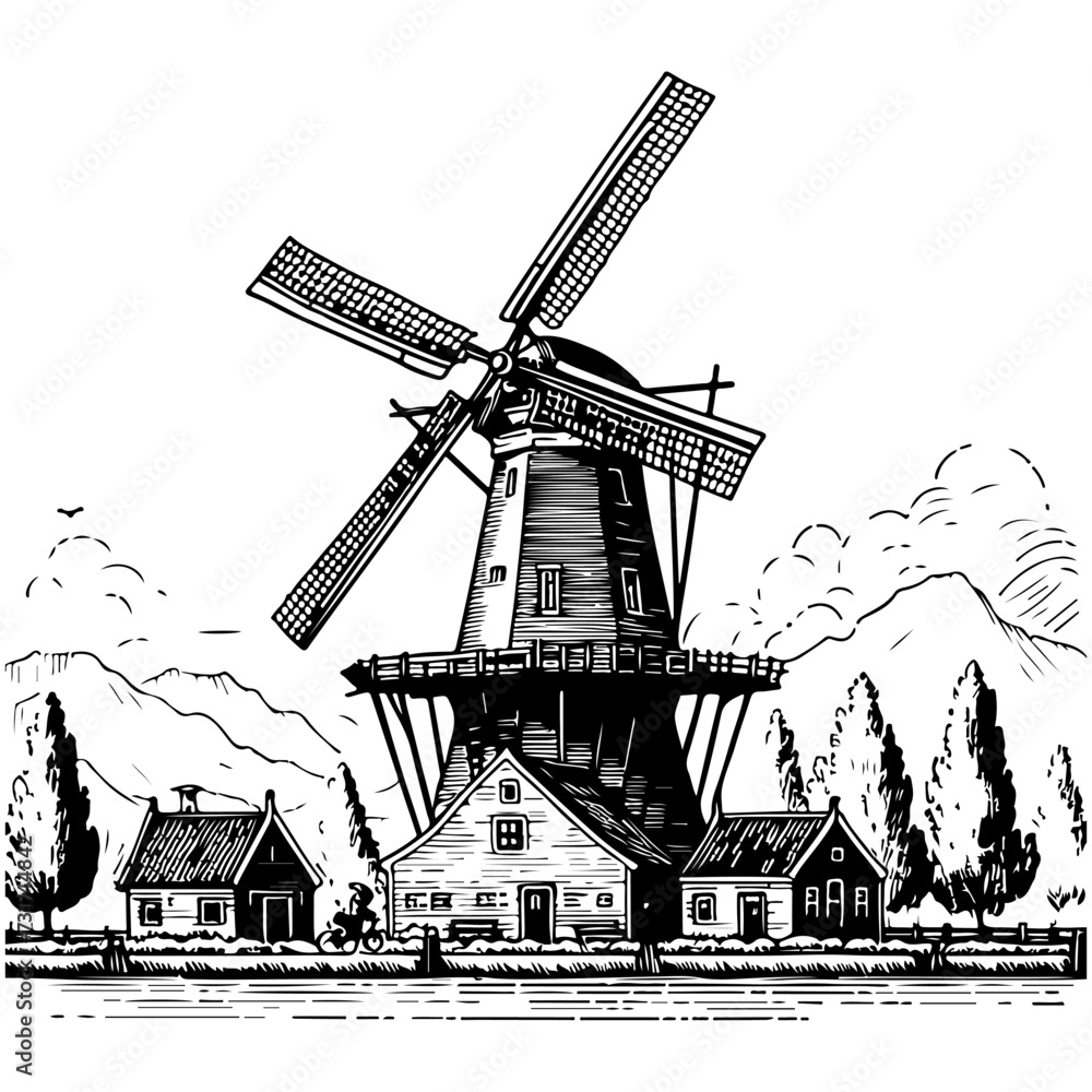 Rural dutch landscape with windmill and wheat field. Set of traditional windmill. Bakery shop, organic agricultural production, ecological food. Vector hand drawn vintage engraved sketch.
