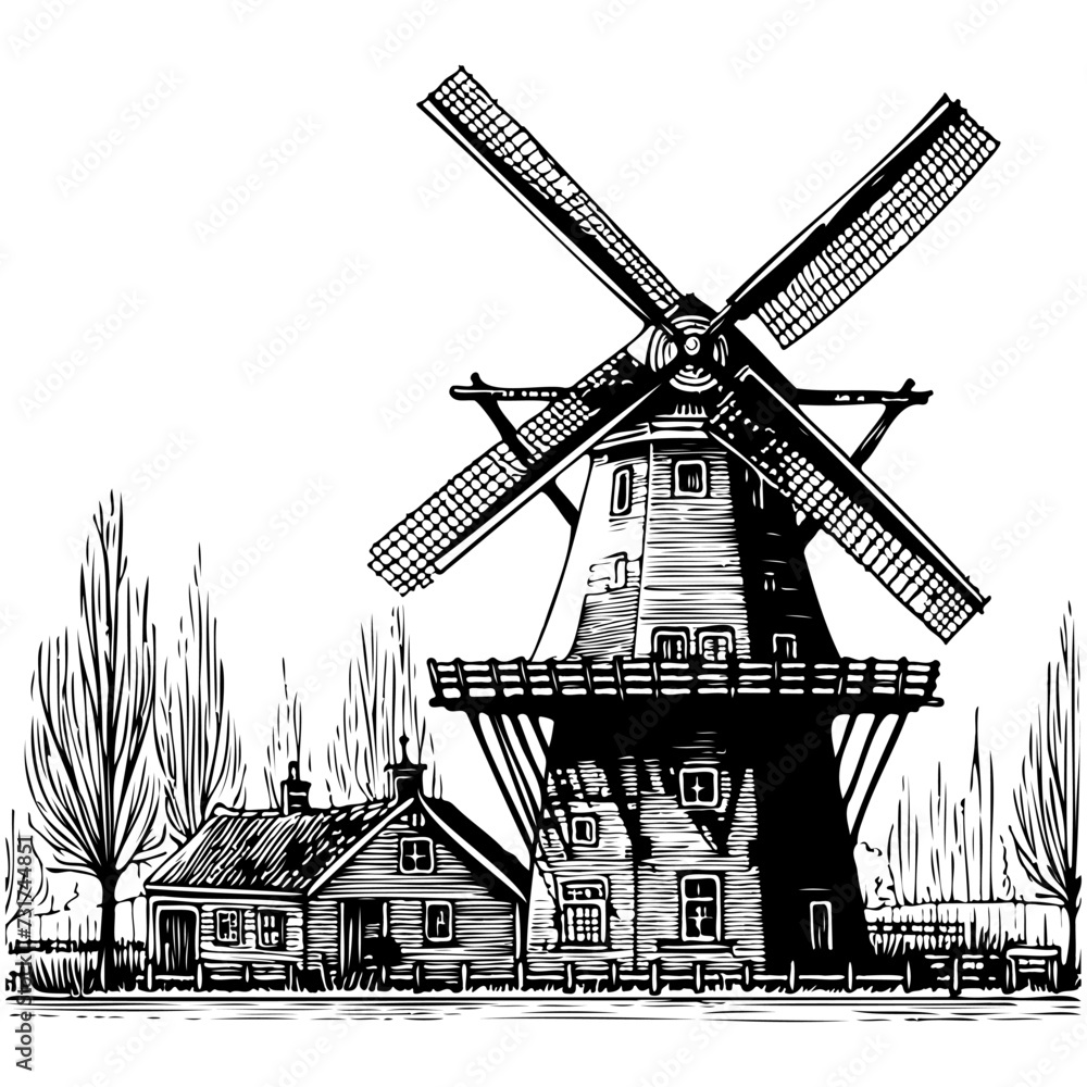 Rural landscape field with a mill. Wheat spikelet in the foreground. Vector line. Editable outline stroke.