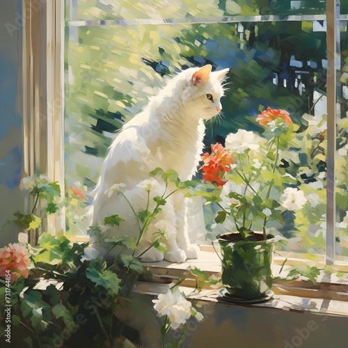 AI generated illustration of a watercolor painting of an adorable cat perched in an open window photo