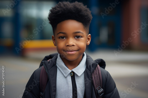 Picture of cute adorable clever pupil schoolboy on street in autumn day generative ai concept