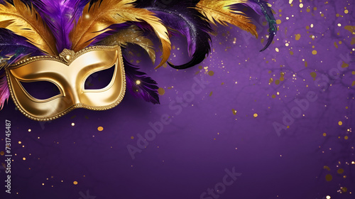 A carnival mask in gold with feathers, against a purple background, Mardi Gras celebrations