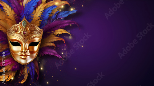 A golden mask adorned with colored feathers, strikingly set against a purple background